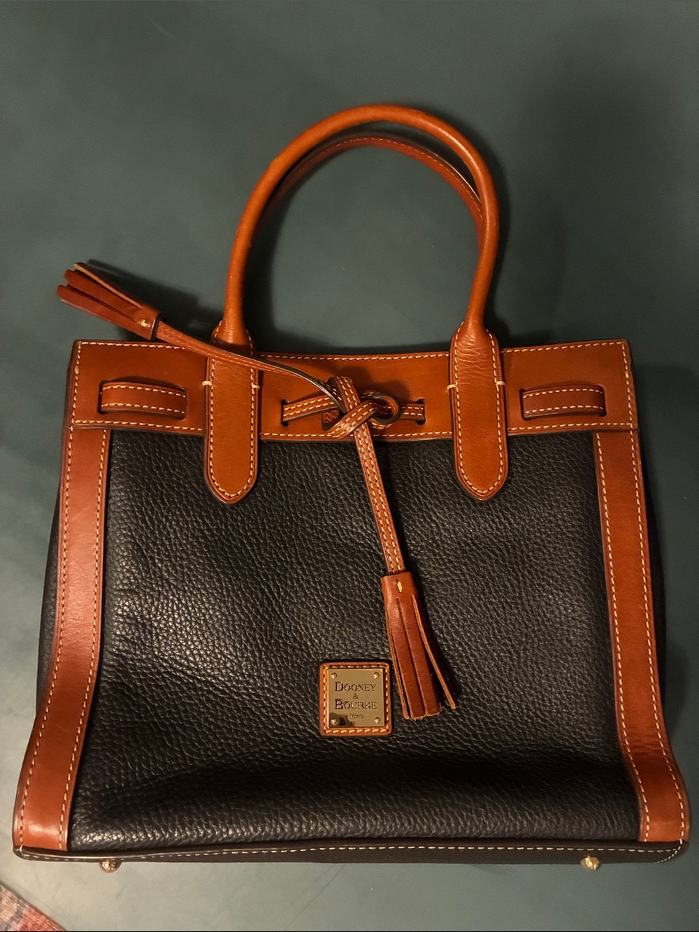 Dooney & Bourke Black Pebble Leather Drawstring Satchel British Tan Tassel